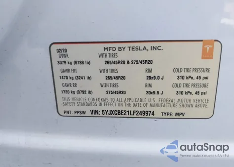 2020 Tesla Model X Long Range Dual Motor All-Wheel Drive/Long Range Plus Dual Motor All-Wheel Drive z USA, uszkodzony, nr VIN 5YJXCBE21LF249974